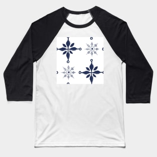 Pattern of blue snow crystals and crosses on white Baseball T-Shirt